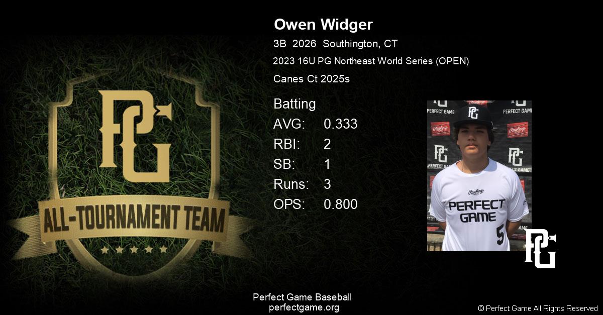 Owen Widger All Tournament Team Certificate (Batting) Perfect Game