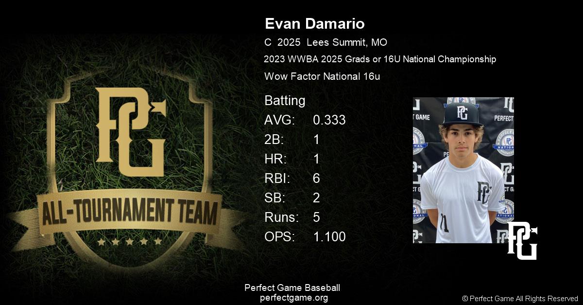 Evan Damario All Tournament Team Certificate (Batting) Perfect Game