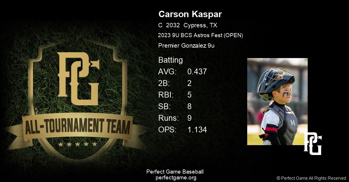 Carson Kaspar All Tournament Team Certificate (Batting) Perfect